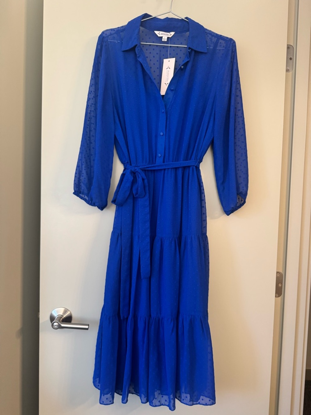Nanette Button-Down Bodice Tired-Skirt Dress with Sash Belt / Jay Bird Blue S